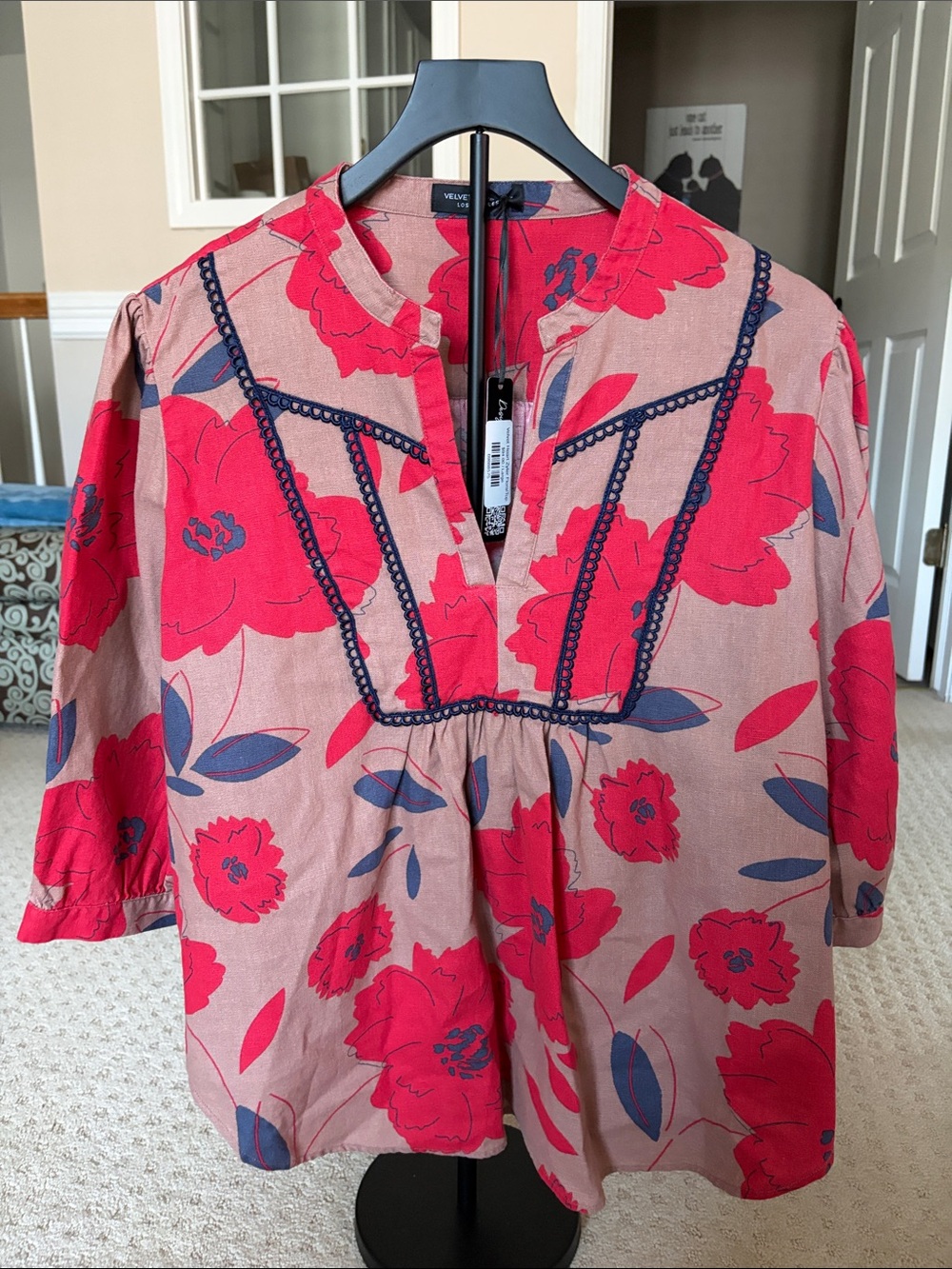 Velvet by Graham & Spencer Coral Pink Floral Tunic with Navy Trim